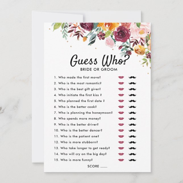 Autumn Burgundy Blush Floral Bridal shower game Invitation (Front)