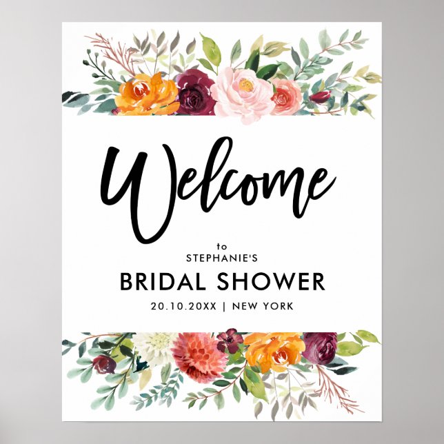 Autumn Burgundy Blush Floral Bridal shower welcome Poster (Front)
