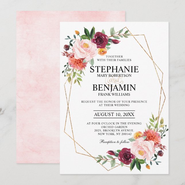 Autumn Burgundy Blush Floral geometric Wedding Invitation (Front/Back)