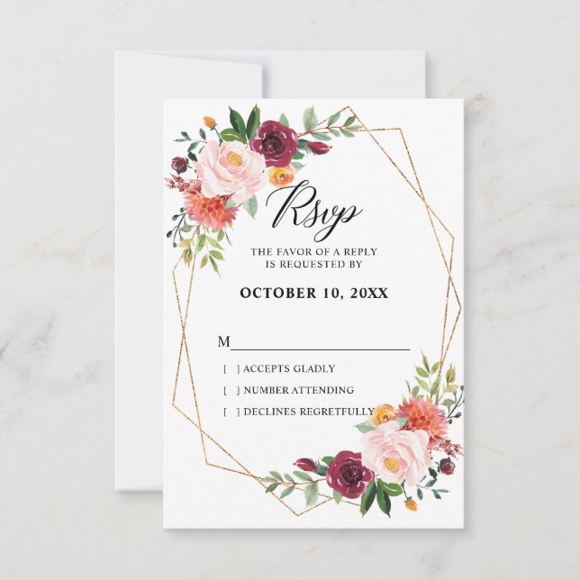 Autumn Burgundy Blush Floral geometric Wedding RSVP Card (Front)