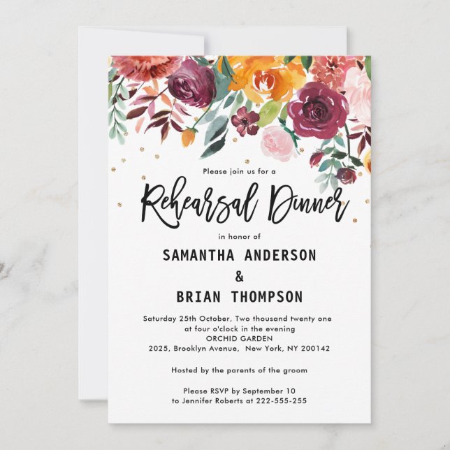 Autumn Burgundy Blush Floral Rehearsal Dinner Invitation (Front)