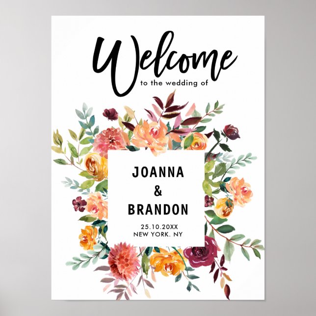 Autumn Burgundy Blush Floral Wedding Welcome Poster (Front)