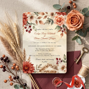 Autumn Burgundy Dahlia Pampas Grass Boho Wedding Invitation