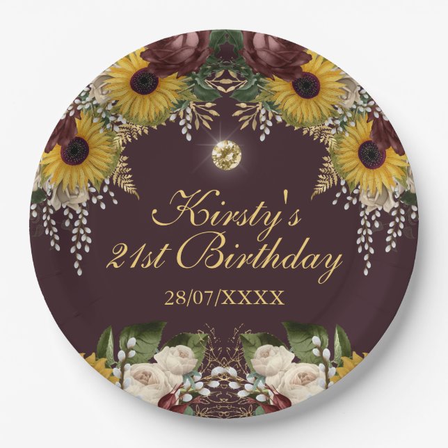 Autumn Burgundy Fall Flowers Foliage Birthday Paper Plate (Front)