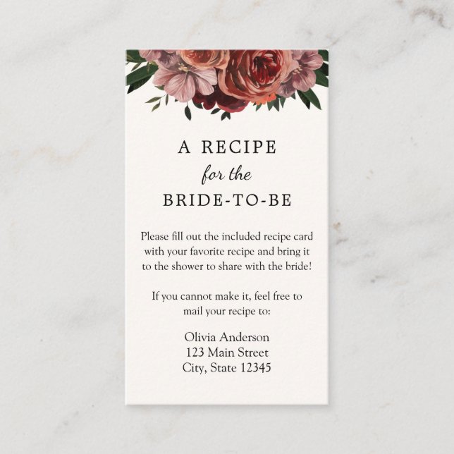 Autumn Burgundy Floral Bridal Recipe Request Enclosure Card (Front)
