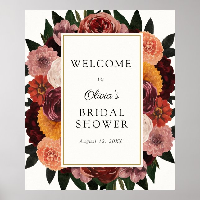 Autumn Burgundy Floral Bridal Shower Welcome Sign (Front)