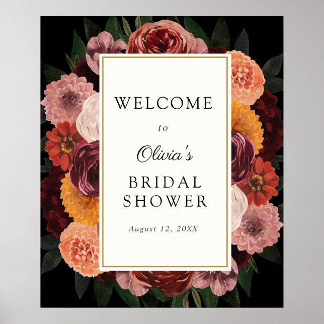 Autumn Burgundy Floral Bridal Shower Welcome Sign (Front)