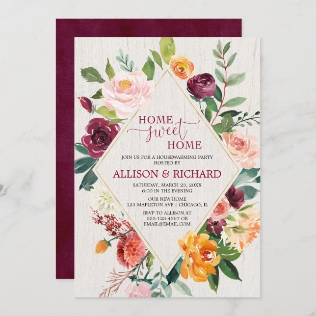 Autumn burgundy floral fall housewarming party invitation (Front/Back)