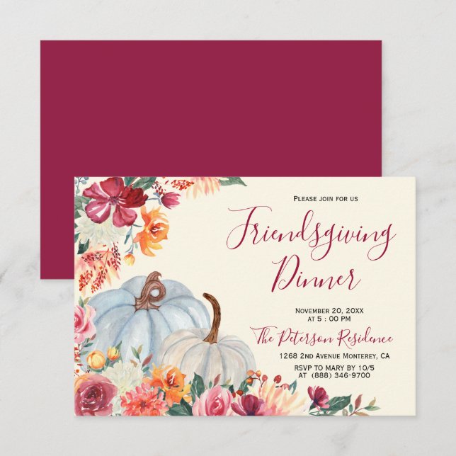 Autumn Burgundy Floral Friendsgiving Invitations (Front/Back)