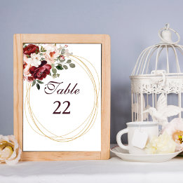 Autumn Burgundy Floral Gold Border Wedding Table Number