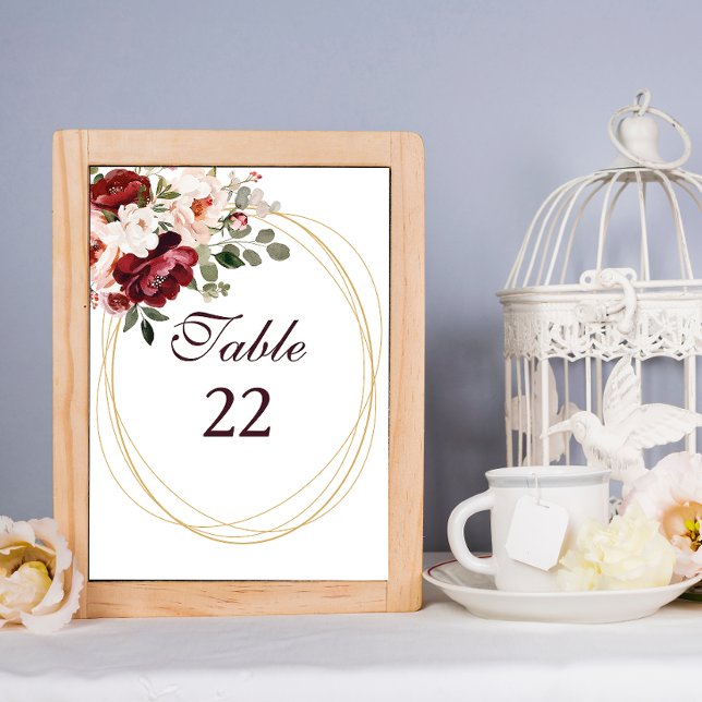 Autumn Burgundy Floral Gold Border Wedding Table Number (Creator Uploaded)