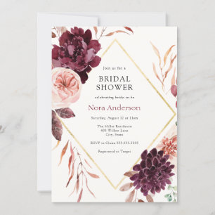 Autumn Burgundy Floral Gold Frame Bridal Shower Invitation