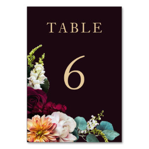 Autumn Burgundy Floral Gold Script Wedding Table Number