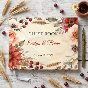 Autumn Burgundy Floral Watercolor Rustic Wedding Guest Book