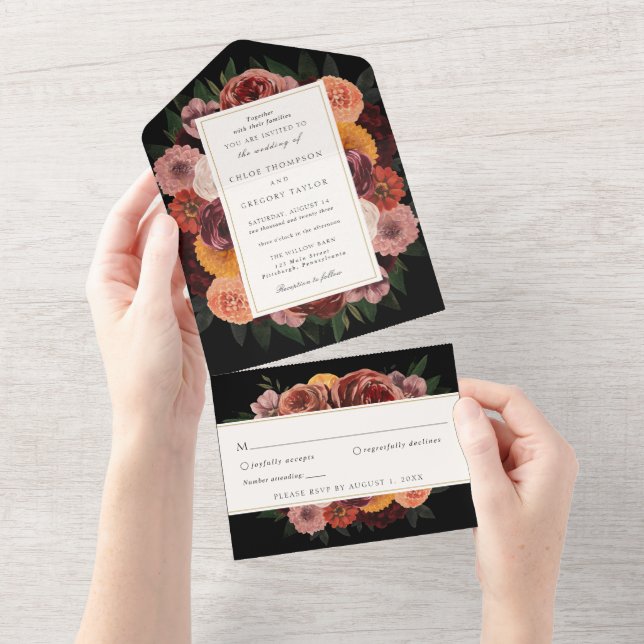 Autumn Burgundy Floral Wedding  All In One Invitat All In One Invitation (Tearaway)