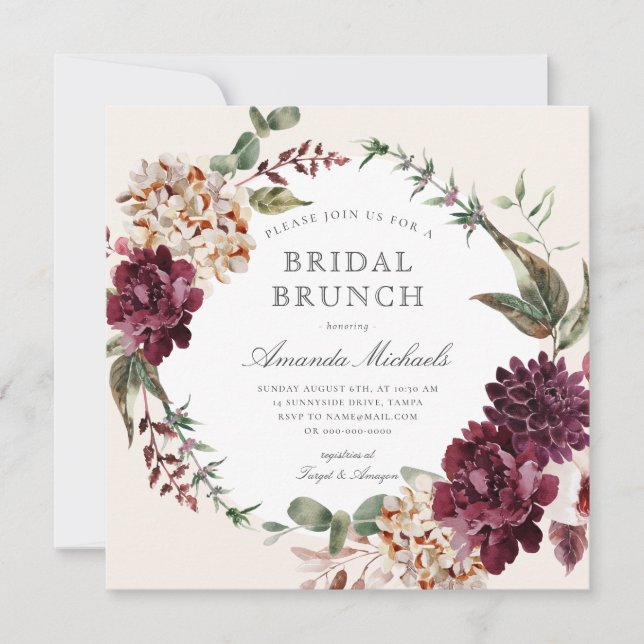 Autumn Burgundy Floral Wreath Bridal Brunch Shower Invitation (Front)
