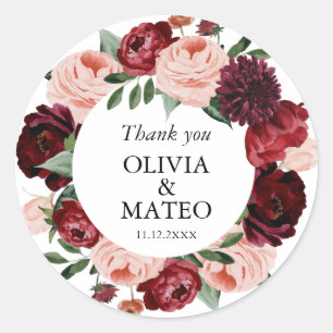 Autumn Burgundy Flower Wedding Favour Classic Round Sticker