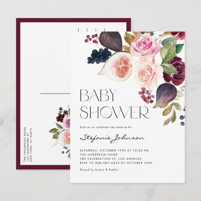 Autumn Burgundy Flowers and Figs Fall Baby Shower Invitation Postcard (Front/Back)