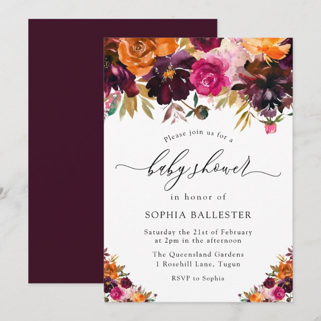 Autumn Burgundy Flowers Fall Baby Shower Invitation (Front/Back)