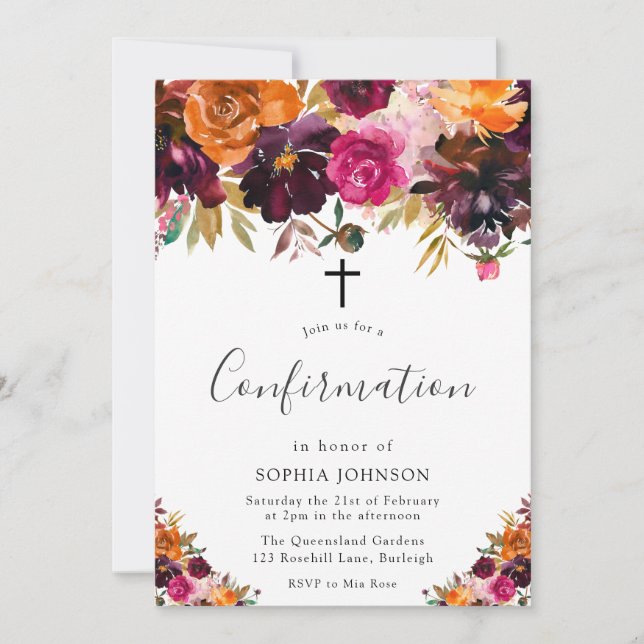 Autumn Burgundy Flowers Fall Girls Confirmation In Invitation (Front)