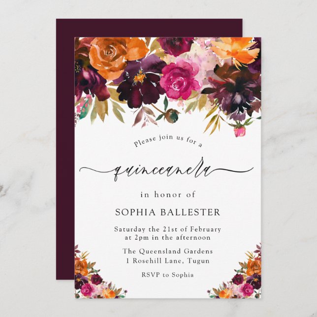 Autumn Burgundy Flowers Fall Quinceanera Party Invitation (Front/Back)
