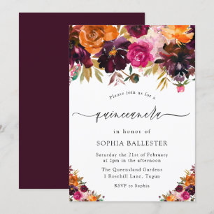 Autumn Burgundy Flowers Fall Quinceanera Party Invitation