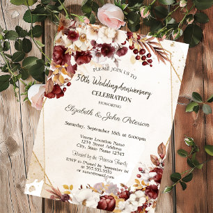 Autumn Burgundy Flowers Wedding Anniversary Invitation
