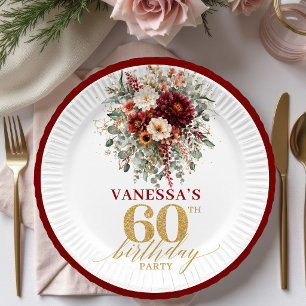 Autumn Burgundy Gold Floral 60th Birthday Paper Pl Plate