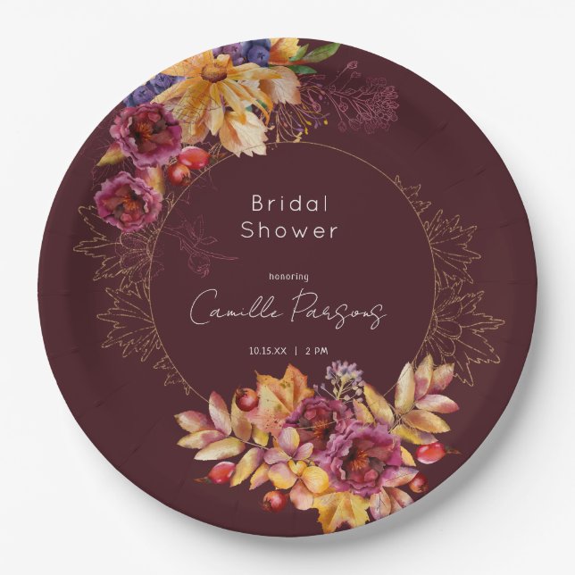Autumn Burgundy Moody Watercolor Bridal Shower Paper Plate (Front)