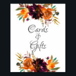 Autumn Burgundy Orange Bridal Shower Cards & Gifts Poster<br><div class="desc">Beautiful watercolor burgundy & orange floral bridal shower cards & gifts sign.</div>