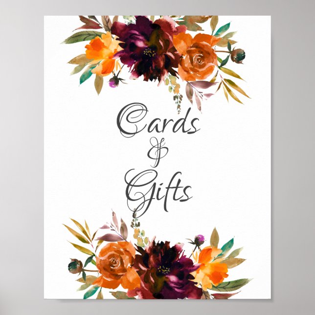 Autumn Burgundy Orange Bridal Shower Cards & Gifts Poster (Front)