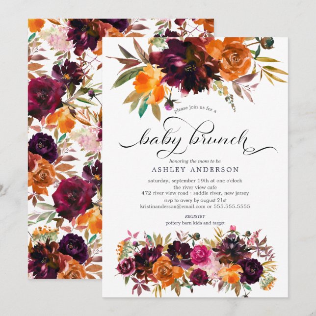 Autumn Burgundy & Orange Floral Baby Brunch Invitation (Front/Back)