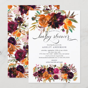Autumn Burgundy & Orange Floral Baby Shower Invitation