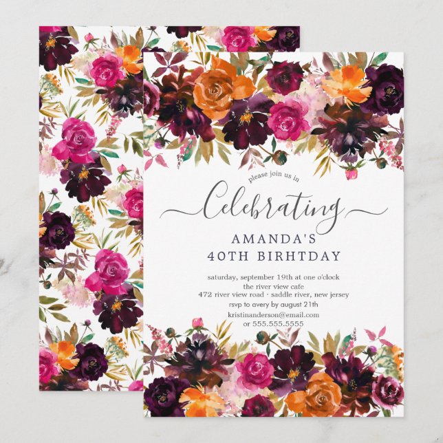 Autumn Burgundy & Orange Floral Birthday Party Invitation (Front/Back)