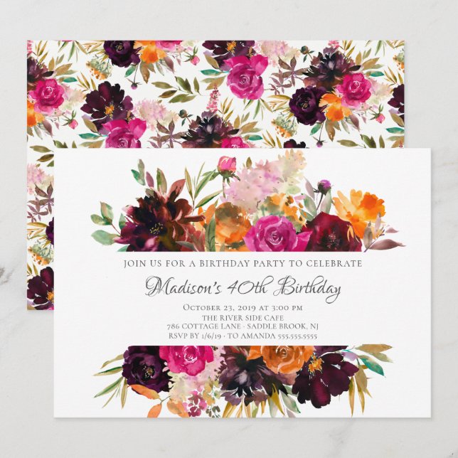 Autumn Burgundy & Orange Floral Birthday Party Invitation (Front/Back)