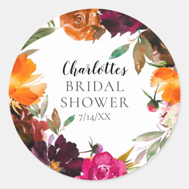 Autumn Burgundy & Orange Floral Bridal Shower Classic Round Sticker (Front)