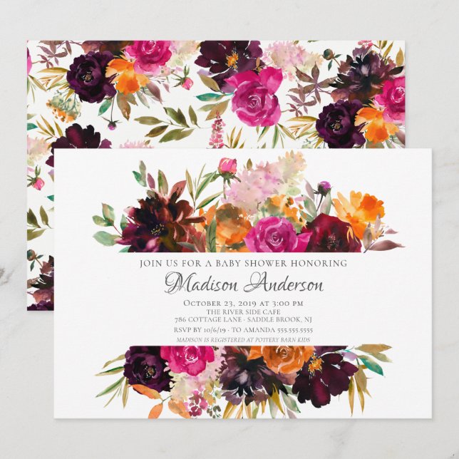 Autumn Burgundy & Orange Floral Bridal Shower Invitation (Front/Back)