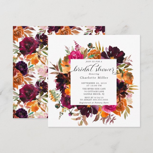 Autumn Burgundy & Orange Floral Bridal Shower Invitation (Front/Back)
