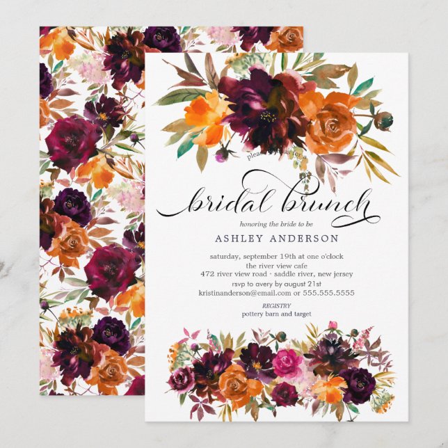 Autumn Burgundy & Orange Floral Bridal Shower Invitation (Front/Back)