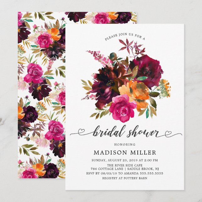 Autumn Burgundy & Orange Floral Bridal Shower Invitation (Front/Back)