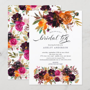 Autumn Burgundy & Orange Floral Bridal Tea Invitation