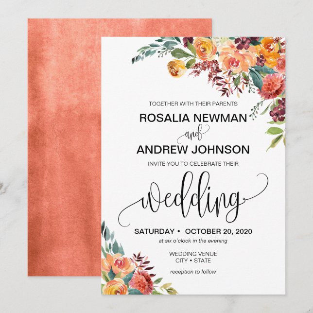 Autumn Burgundy Orange Floral Wedding Invitation (Front/Back)