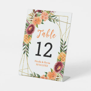 Autumn Burgundy Orange Floral Wedding Table Number Pedestal Sign