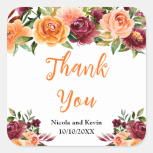Autumn Burgundy Orange Floral Wedding Thank You Square Sticker