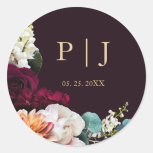Autumn Burgundy Pink Floral Gold Monogram Classic Round Sticker