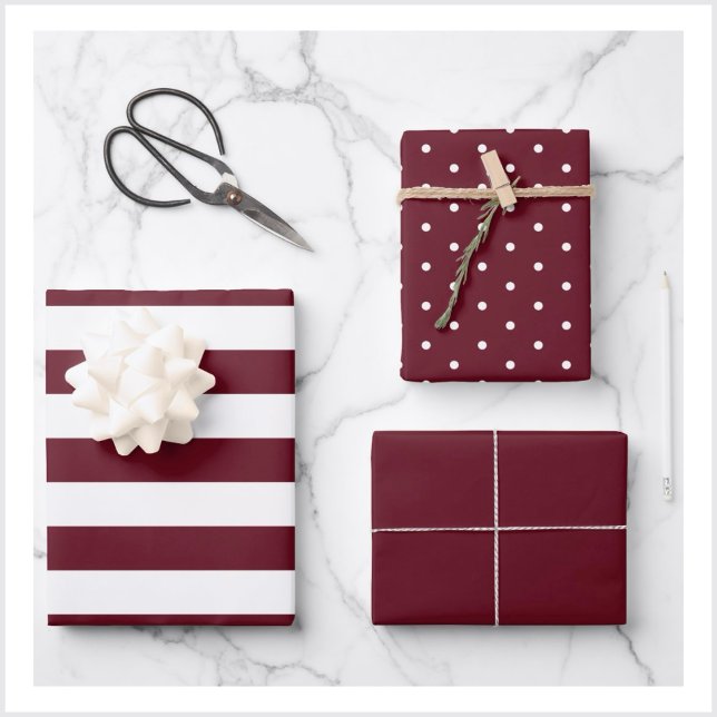 Autumn Burgundy Polka Dot Wide Striped and Solid Wrapping Paper Sheet (Creator Uploaded)