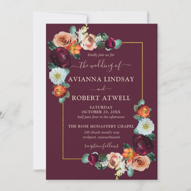 Autumn Burgundy Red Orange Blush Floral Wedding In Invitation (Front)