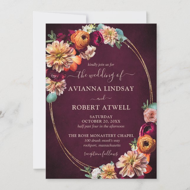 Autumn Burgundy Red Orange Blush Floral Wedding Invitation (Front)