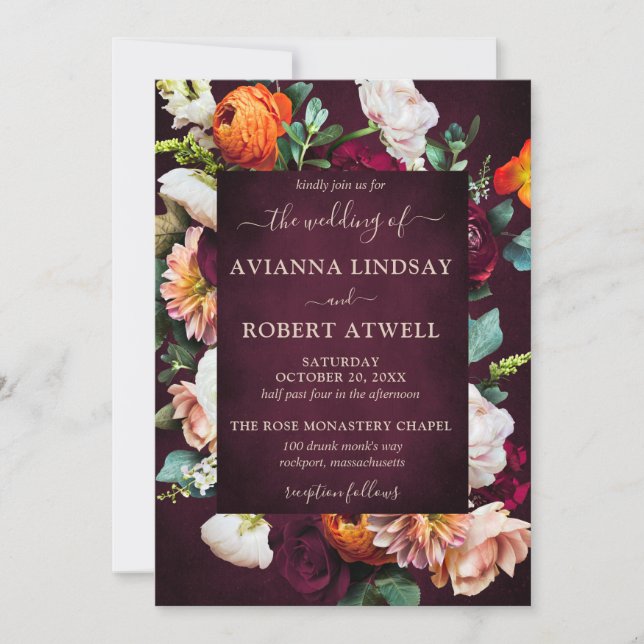 Autumn Burgundy Red Orange Blush Floral Wedding Invitation (Front)
