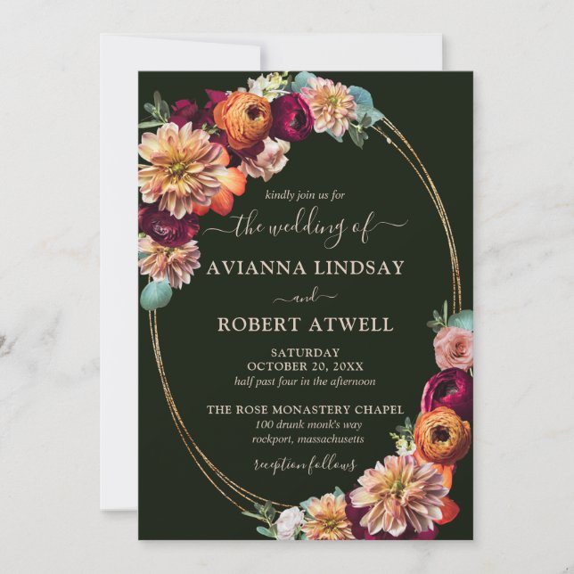Autumn Burgundy Red Orange Blush Floral Wedding  Invitation (Front)